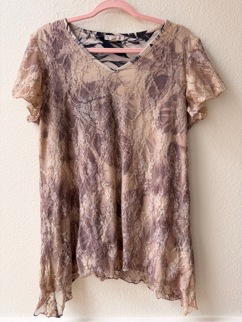 Fairy‎ Grunge Lace Mesh Rhinestone Tunic Top Asymmetric Hem Flowy Whimsigoth XL